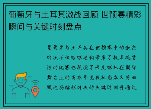 葡萄牙与土耳其激战回顾 世预赛精彩瞬间与关键时刻盘点